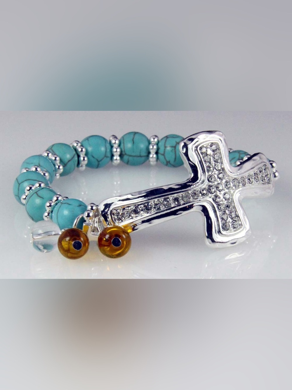 Buckle Turquoise Bead Stretch Bracelet with Crystal Cross Charm and Amber Accent